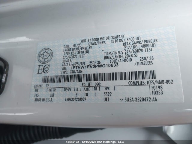 2023 Ford F150 Lightning Pro/lightning Xlt/lightning Lariat/lightning Platinum მანქანა იყიდება აუქციონზე, vin: 1FTVW1EV0PWG10633, აუქციონის ნომერი: 12485192