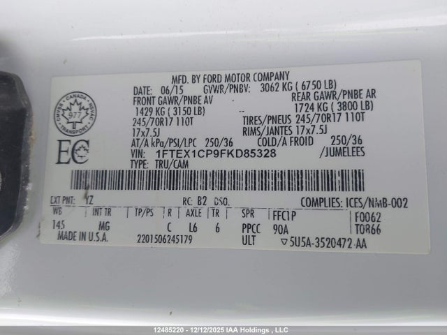 12485220 :رقم المزاد ، 1FTEX1CP9FKD85328 vin ، 2015 Ford F150 Super Cab مزاد بيع