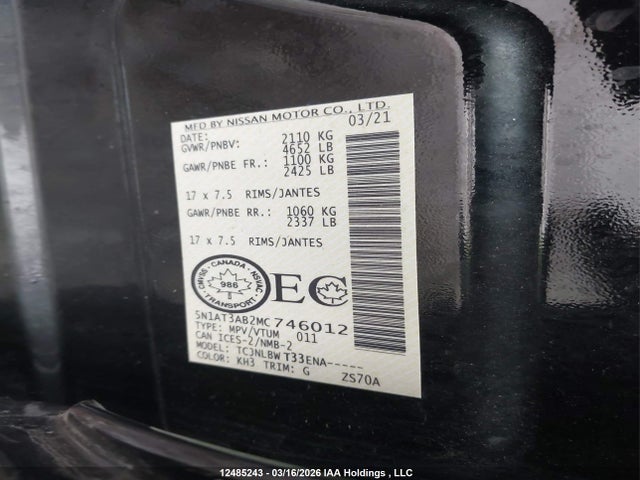12485243 :رقم المزاد ، 5N1AT3AB2MC746012 vin ، 2021 Nissan Rogue S مزاد بيع