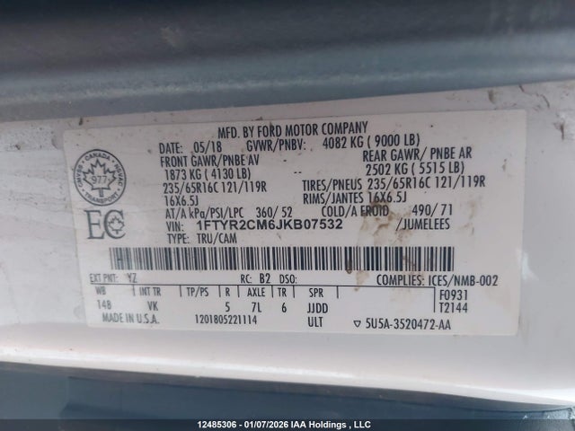 2018 Ford Transit T-250 მანქანა იყიდება აუქციონზე, vin: 1FTYR2CM6JKB07532, აუქციონის ნომერი: 12485306