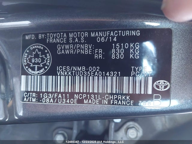 12485347 :رقم المزاد ، VNKKTUD35EA014321 vin ، 2014 Toyota Yaris مزاد بيع
