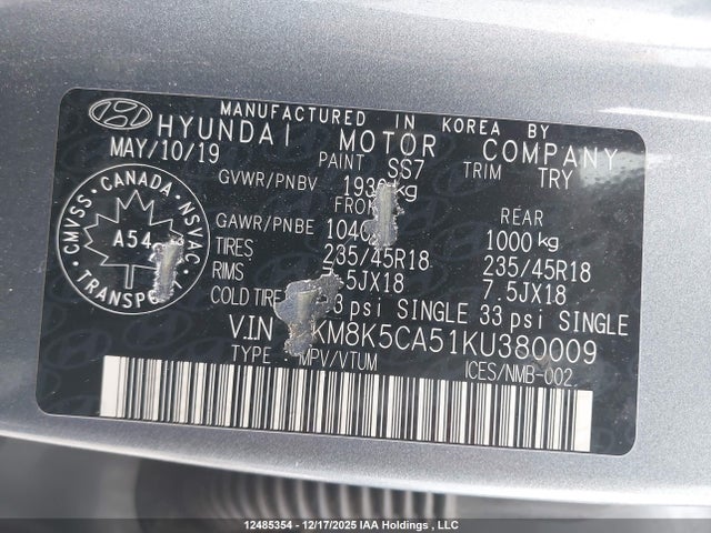 KM8K5CA51KU380009 Hyundai Kona