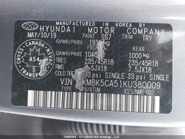 KM8K5CA51KU380009 Hyundai Kona