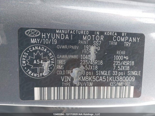 KM8K5CA51KU380009 Hyundai Kona