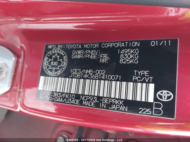 12485355 :رقم المزاد ، JTDBT4K36B1410071 vin ، 2011 Toyota Yaris مزاد بيع