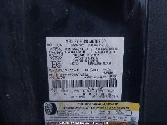 12485403 :رقم المزاد ، 1FTFW1EF0EFA72882 vin ، 2014 Ford F-150 مزاد بيع