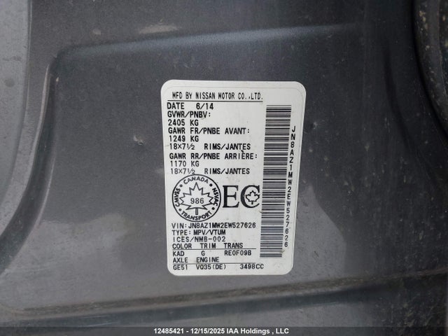 JN8AZ1MW2EW527626 Nissan Murano Platinum/s/sl/sv