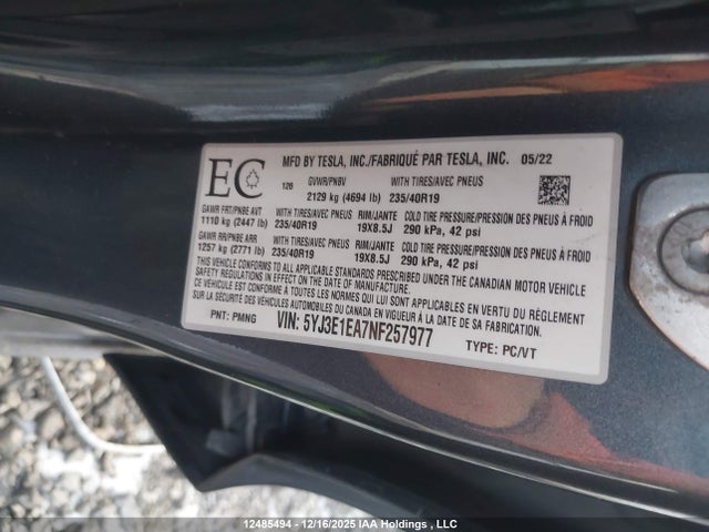 5YJ3E1EA7NF257977 Tesla Model 3 Rwd/standard Range