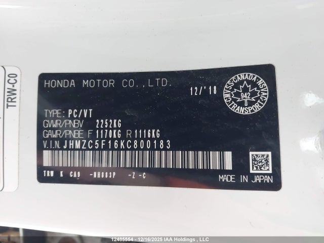 Продаж на аукціоні авто 2019 Honda Clarity Plug-in Hybrid, vin: JHMZC5F16KC800183, номер лоту: 12485554