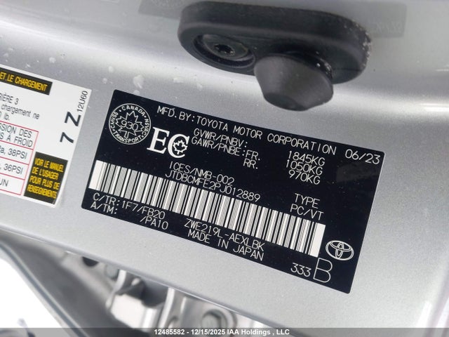 12485582 :رقم المزاد ، JTDBCMFE2PJ012889 vin ، 2023 Toyota Corolla Hybrid Le مزاد بيع