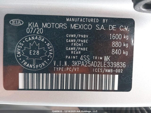 3KPA25AD2LE339836 KIA Rio