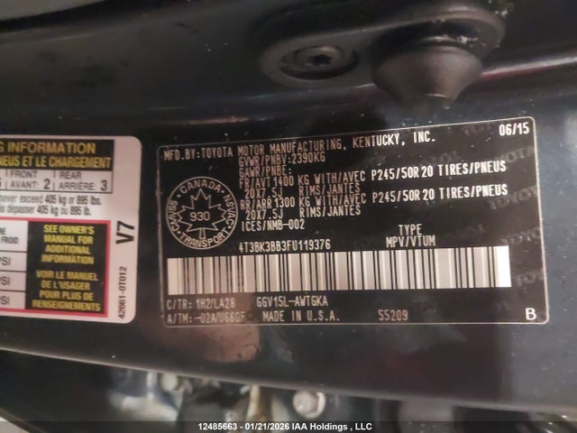 4T3BK3BB3FU119376 Toyota Venza Le/xle/limited