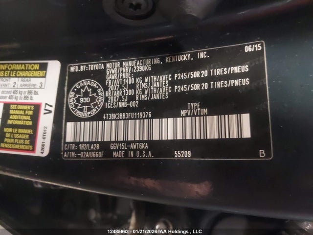 4T3BK3BB3FU119376 Toyota Venza Le/xle/limited