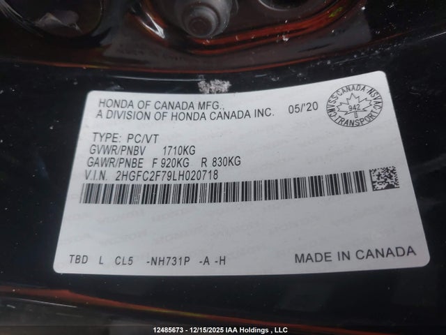 2020 Honda Civic Ex 4dr მანქანა იყიდება აუქციონზე, vin: 2HGFC2F79LH020718, აუქციონის ნომერი: 12485673