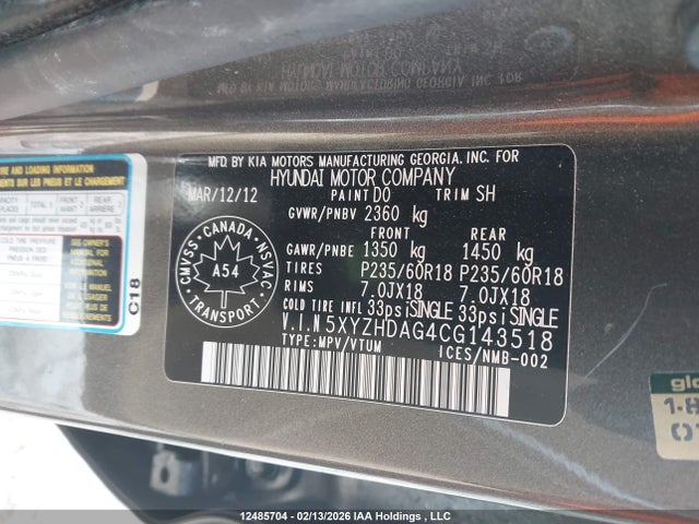 Продажа на аукционе авто 2012 Hyundai Santa Fe Limited 3.5, vin: 5XYZHDAG4CG143518, номер лота: 12485704