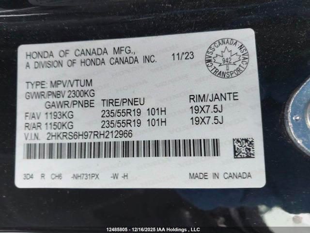 12485805 :رقم المزاد ، 2HKRS6H97RH212966 vin ، 2024 Honda Cr-v Hybrid مزاد بيع