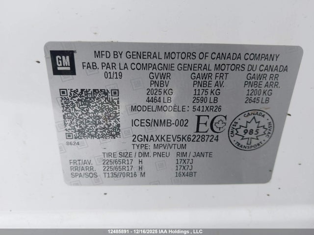 12485891 :رقم المزاد ، 2GNAXKEV5K6228724 vin ، 2019 Chevrolet Equinox Lt مزاد بيع