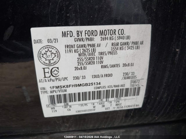 12485911 :رقم المزاد ، 1FMSK8FH9MGB25134 vin ، 2021 Ford Explorer مزاد بيع