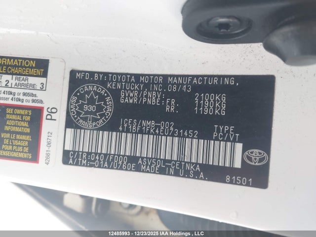 2014 Toyota Camry Le მანქანა იყიდება აუქციონზე, vin: 4T1BF1FK4EU731452, აუქციონის ნომერი: 12485993