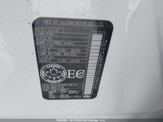 12485995 :رقم المزاد ، 3PCAJ5FB9SF109116 vin ، 2025 Infiniti Qx50 Sport مزاد بيع