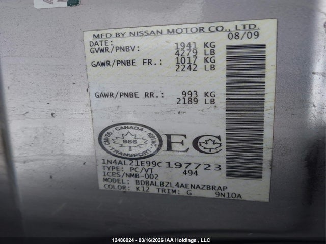 12486024 :رقم المزاد ، 1N4AL21E99C197723 vin ، 2009 Nissan Altima 2.5 S مزاد بيع
