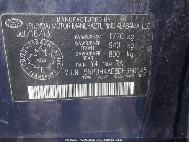 12486057 :رقم المزاد ، 5NPDH4AE8DH380645 vin ، 2013 Hyundai Elantra Gls/limited مزاد بيع