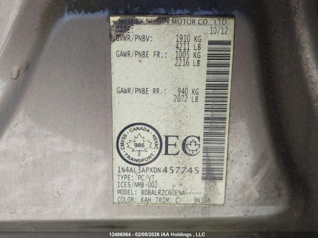 12486064 :رقم المزاد ، 1N4AL3APXDN457745 vin ، 2013 Nissan Altima 2.5/s/sv/sl مزاد بيع