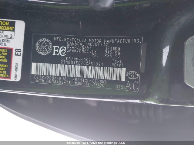 Продажа на аукционе авто 2012 Toyota Corolla Ce, vin: 2T1BU4EE7CC851991, номер лота: 12486090