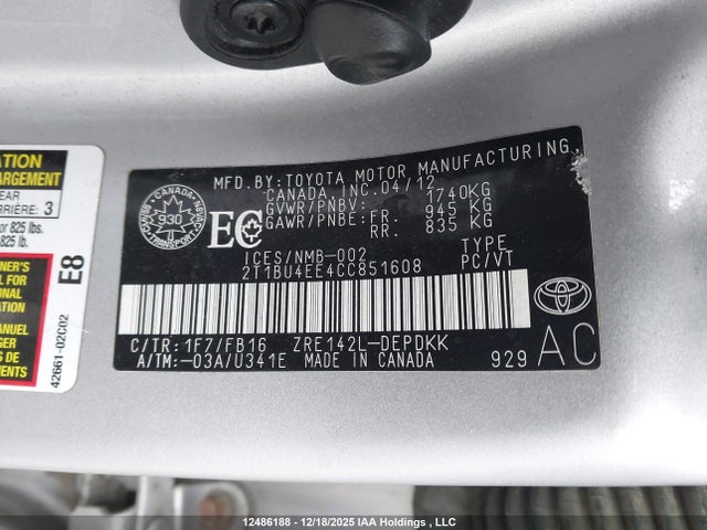 2012 Toyota Corolla Ce მანქანა იყიდება აუქციონზე, vin: 2T1BU4EE4CC851608, აუქციონის ნომერი: 12486188