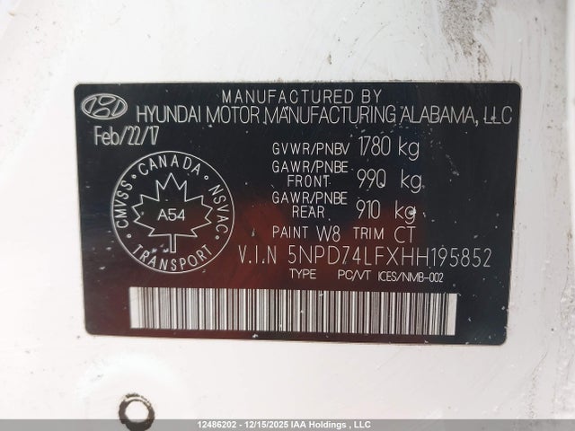 5NPD74LFXHH195852 Hyundai ELANTRA SE