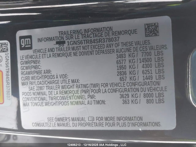1GNS6TR84SR378037 Chevrolet Tahoe High Country