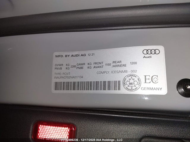 Aukcja sprzedaży 2022 Audi A5 Sportback, vin: WAUFACF52NA017134, numer aukcji: 12486236