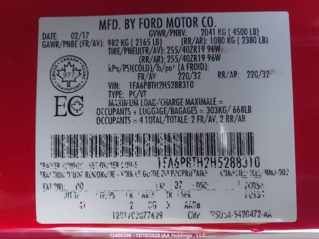 12486306 :رقم المزاد ، 1FA6P8TH2H5288310 vin ، 2017 Ford Mustang Ecoboost Premium مزاد بيع