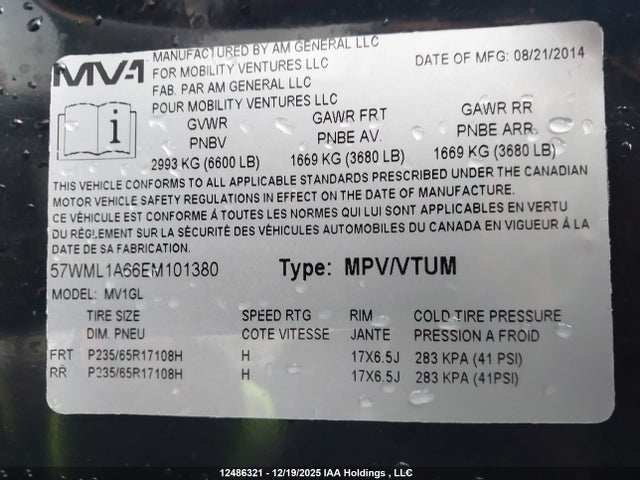 57WML1A66EM101380 Am General Mobility Ventures Mv-1
