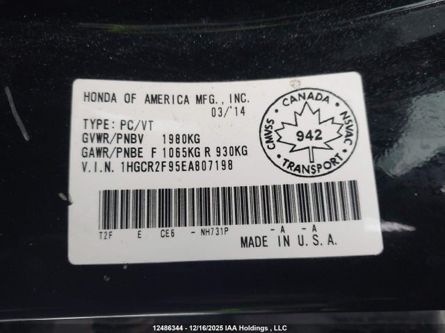 2014 Honda Accord Touring მანქანა იყიდება აუქციონზე, vin: 1HGCR2F95EA807198, აუქციონის ნომერი: 12486344