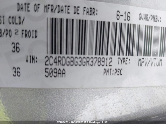 Aukcja sprzedaży 2016 Dodge Grand Caravan Se, vin: 2C4RDGBG3GR378912, numer aukcji: 12486420