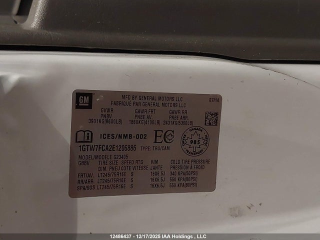 12486437 :رقم المزاد ، 1GTW7FCA2E1206886 vin ، 2014 Gmc Savana G2500 مزاد بيع