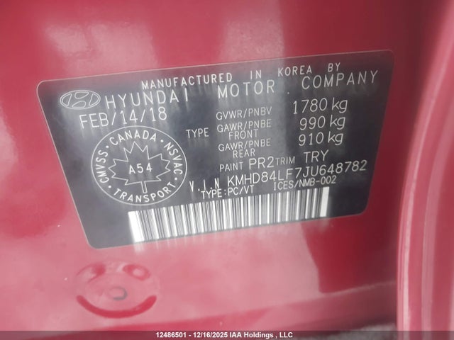 KMHD84LF7JU648782 Hyundai Elantra Gl Se