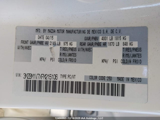 3MZBM1V7XFM215106 Mazda 3 TOURING