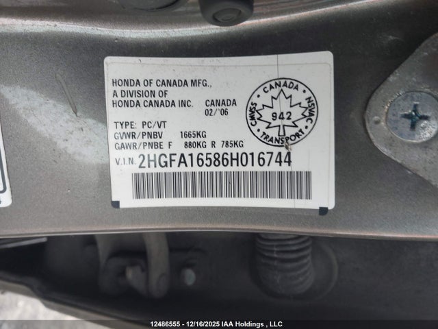 Aukcja sprzedaży 2006 Honda Civic Lx, vin: 2HGFA16586H016744, numer aukcji: 12486555