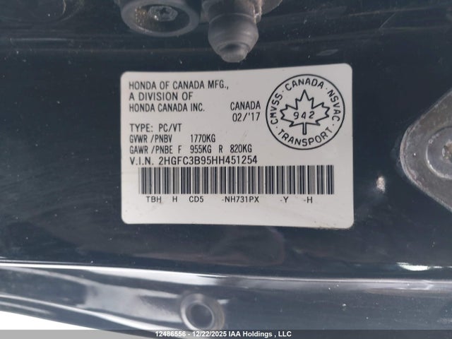 12486556 :رقم المزاد ، 2HGFC3B95HH451254 vin ، 2017 Honda Civic Touring مزاد بيع