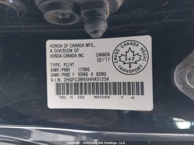 12486556 :رقم المزاد ، 2HGFC3B95HH451254 vin ، 2017 Honda Civic Touring مزاد بيع