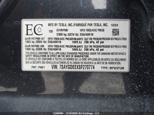 7SAYGDEEXSF270774 Tesla Model Y Long Range