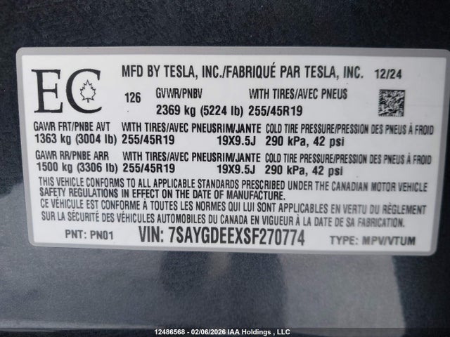 7SAYGDEEXSF270774 Tesla Model Y Long Range