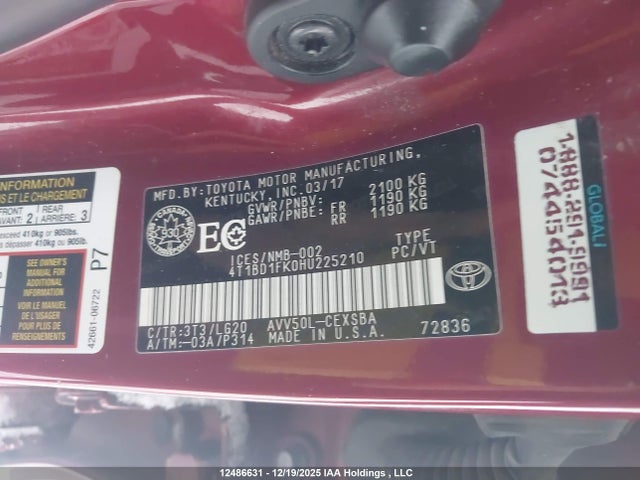 4T1BD1FK0HU225210 Toyota Camry Hybrid/le/xle/se