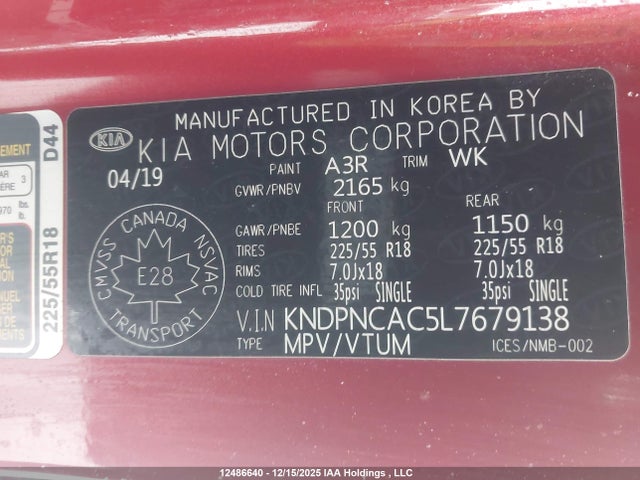12486640 :رقم المزاد ، KNDPNCAC5L7679138 vin ، 2020 Kia Sportage Ex مزاد بيع