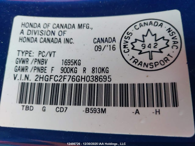 Honda k20c2 2016 2HGFC2F76GH038695 Image 19