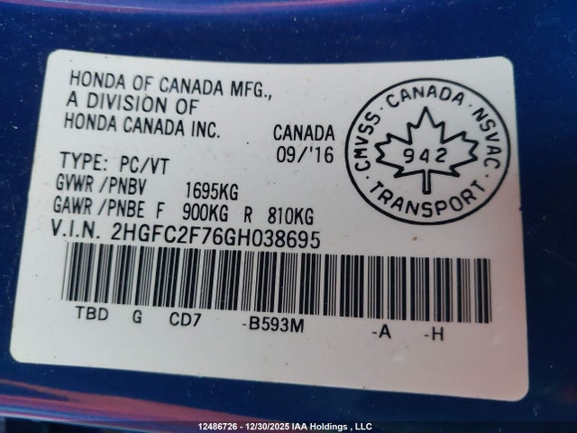 Honda k20c2 2016 2HGFC2F76GH038695 Image 9