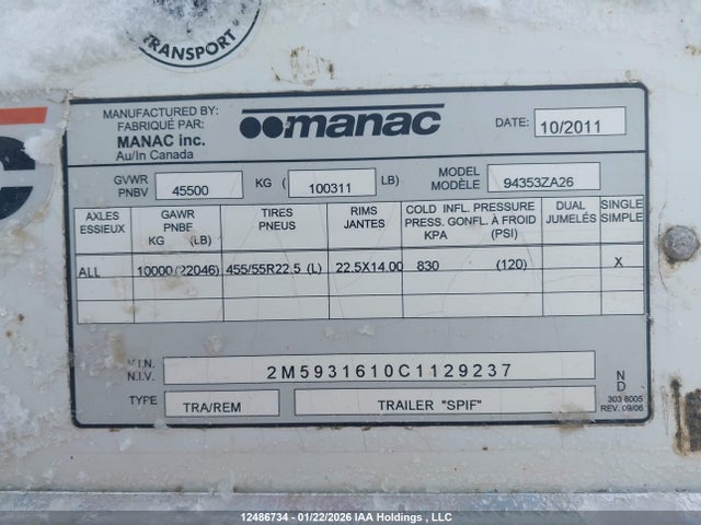 Продаж на аукціоні авто 2012 Manac Inc , vin: 2M5931610C1129237, номер лоту: 12486734