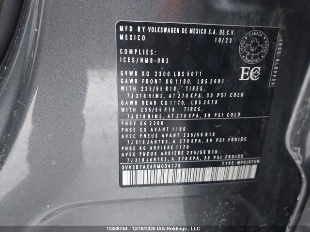 3VV2B7AX9RM034179 Volkswagen Tiguan Se/wolfsburg